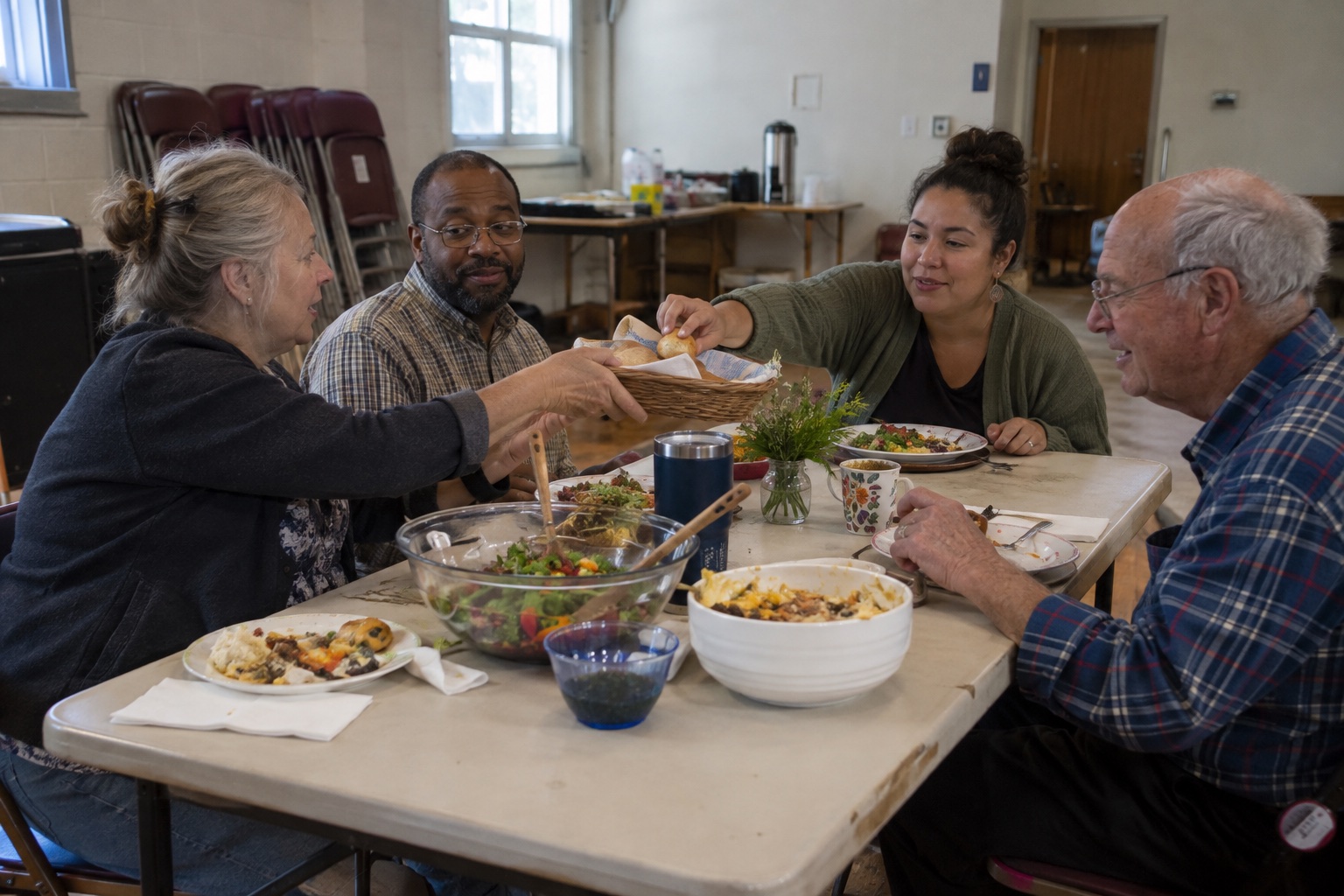 AI-generated adults sharing bread and conversation in a modest community room